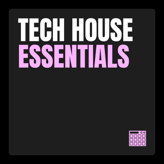 A square with Divergent Sound's Tech House Essentials in block text on a light black background. In the bottom right corner is a pink graphic of an electronic drum machine.