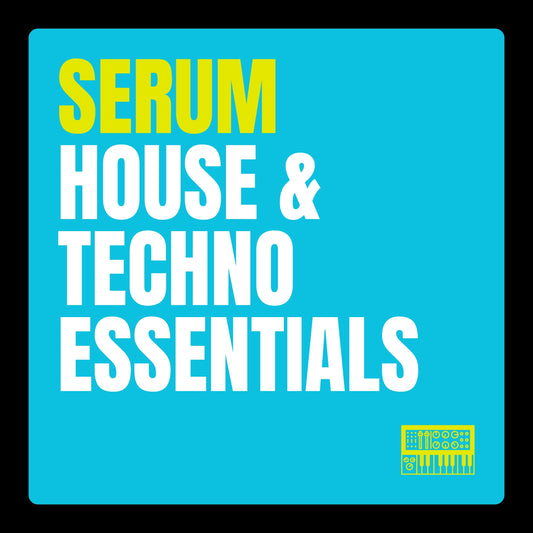 A square with Divergent Sound's Serum House & Techno Essentials in block text on a bright teal background. In the bottom right corner is a neon yellowish green graphic of an electronic drum machine.