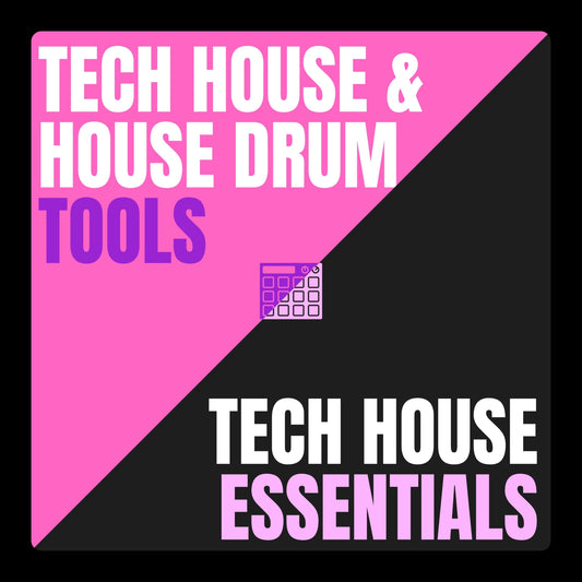 A square with Divergent Sound's Tech House & House Drums Tools in block text on a pink background in one half and Tech House Essentials in block text on a light black background. In the center is a graphic of an electronic drum machine.