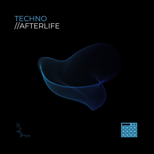 A square with Divergent Sound's Techno // Afterlife in blue and white text on a black background. In the center of the image is a blue tech pattern 3D lined shape. In the bottom right corner is a blue graphic of an electronic drum machine.