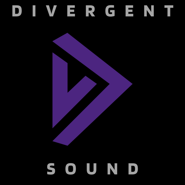 The sleek and modern logo for Divergent Sound, featuring two bold purple arrows on a black background. One arrow points to the right, enclosing a second smaller arrow which points down, representing the letters D and V. Above the arrows is the word “divergent” in capitalized grey letters. Below the arrows is the word “sound” in capitalized grey letters. The logo represents how Divergent Sound diverges from the direction of other sample pack companies.